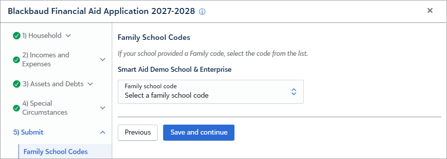 Family School Codes section of application